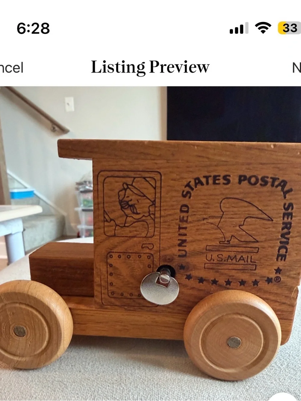 Vintage Wooden US Postal Service Mail Truck Toy music box - Natural Wood